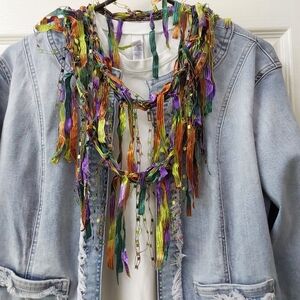 Colorful Silk Ribbon Scarf on Denim Jacket